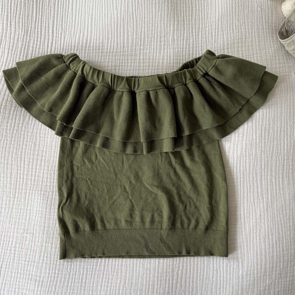 J. Crew Olive Green Ruffled Off Shoulder Sweater Top - XS